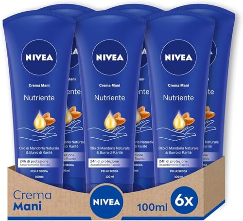 Nivea Crema Mani Nutriente in Confezione da 6 x 100 ml, Crema Nutriente Arricchita con Olio di Mandorla, Crema Profumata per le Mani dalla Formula Idratante