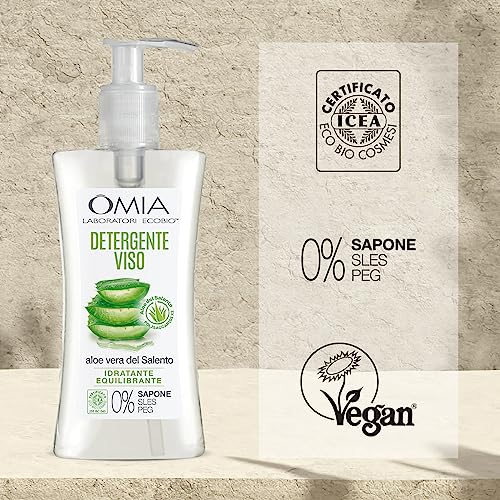 Omia - Gel Detergente Viso Eco Bio Aloe Vera del Salento, Struccante Idratante ed Equilibrante per Pelli Normali e Miste, Dermatologicamente Testato, Formula Vegana - Flacone da 200 ml