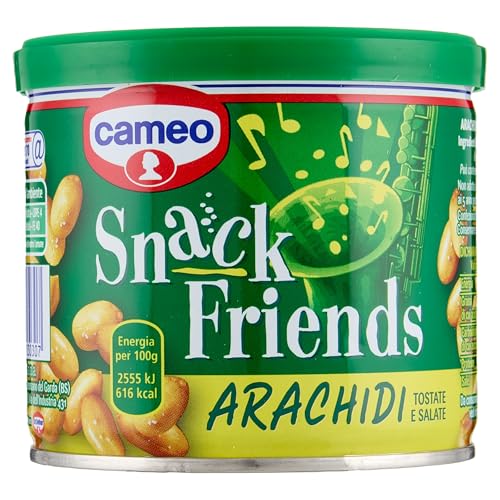 Cameo Snack Friends Arachidi 200 g, Arachidi Tostate e Salate per Aperitivo Conservate in una Pratica Lattina con Coperchio Salva Freschezza, Senza Olio di Palma, Vegano, 200 g Complessivi