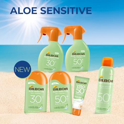 Bilboa, Protezione Solare Viso Aloe Sensitive SPF 50+, Crema Solare Alta per Pelli Sensibili, Formula con Aloe Vera, Protegge e Idrata le Pelli Sensibili, Senza Alcool, Resistente all'Acqua, 50 ml