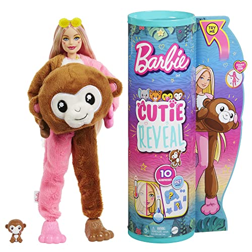 Barbie Dolls and Accessories, Cutie Reveal Doll with Elephant Plush Costume & 10 Surprises Including Color Change, Jungle Series
