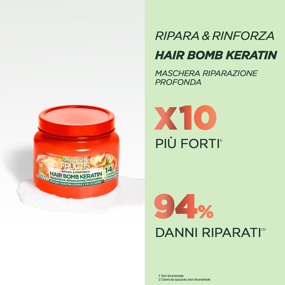 Garnier Fructis, Maschera Rimpolpante, Per Tutti i Capelli Danneggiati, Riparazione Profonda, Per Capelli Più Forti, Con Olio di Marula e Cheratina, Hair Bomb Keratin, Ripara&Rinforza, 320 ml