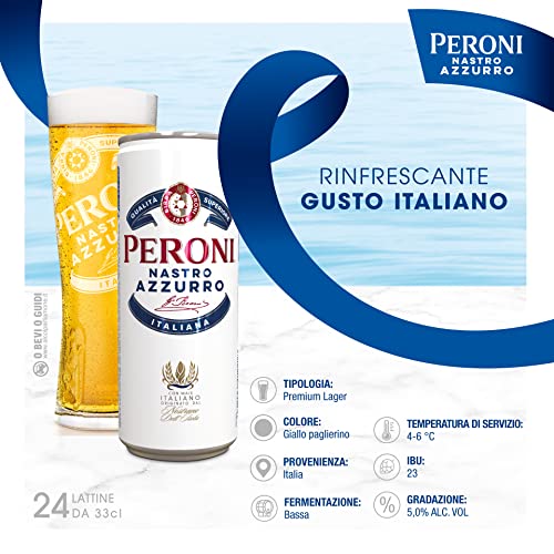 Peroni Nastro Azzurro, Cassa Birra con 24 Lattine di Birra da 33 cl, Birra Premium Lager a Bassa Fermentazione, Gusto Rinfrescante e Rigenerante, Gradazione Alcolica 5% Vol