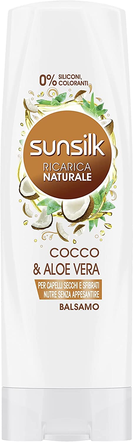 Sunsilk Ricarica Naturale Balsamo Potere Anti-Doppie Punte Cocco&Aloe Vera per Capelli Secchi, Maxiformato, 12 pezzi da 200 ml
