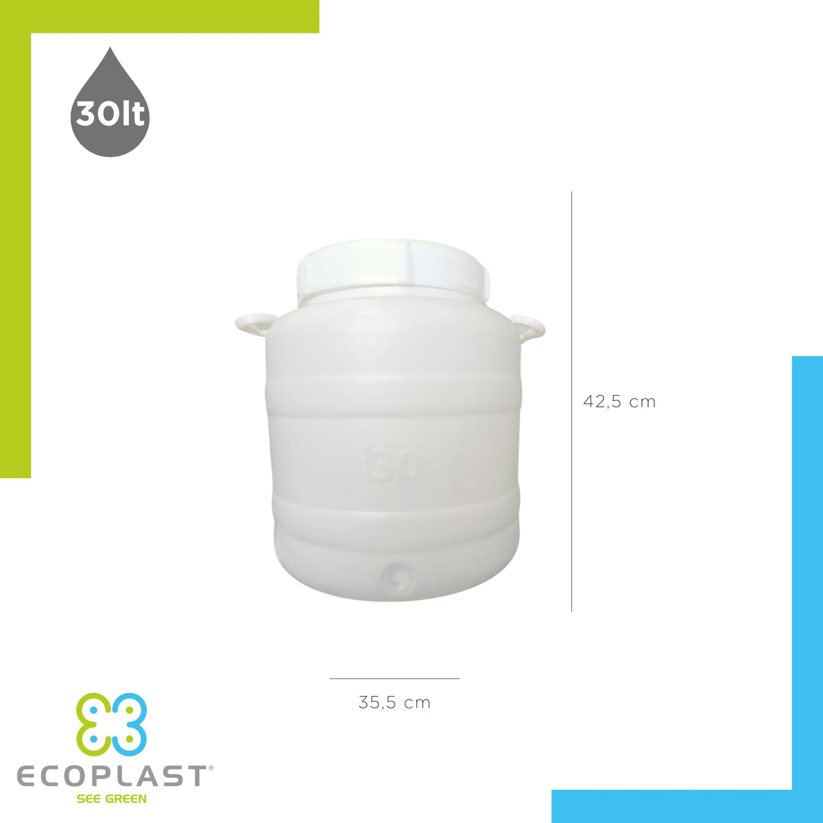 Ecoplast | Fusto in Plastica a Bocca Larga con Guarnizione e Tappo, Rubinetto non Incluso, Capienza 30 Lt, Colore Neutro, ø355x425, Made in Italy