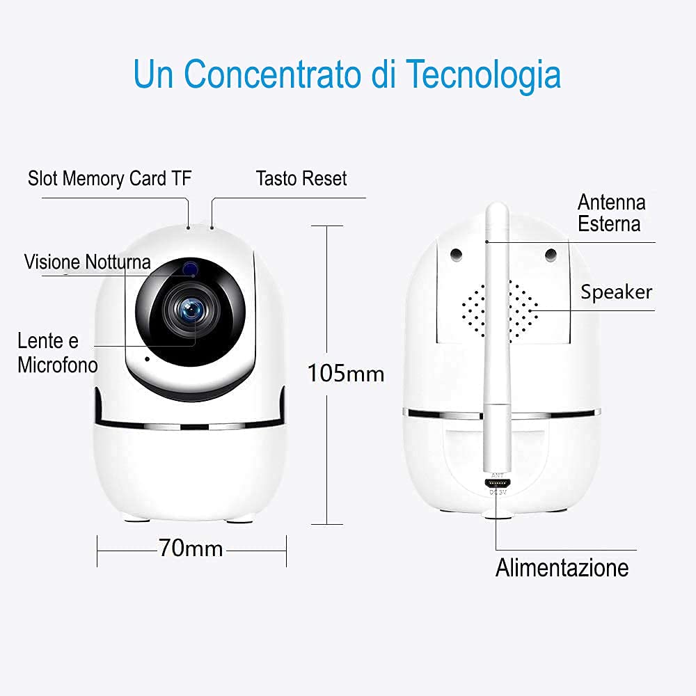 Telecamera Motorizzata Wi-Fi, Mini videocamera sicurezza interno registratore 360 gradi, 1080P, ipcamera Infrarossi, Sensore di Movimento lunga distanza, Audio a due vie, Controllo neonato tramite app