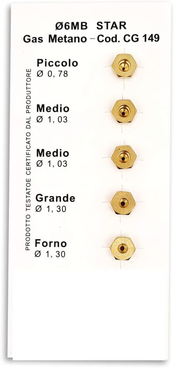 CG94 Serie da 5 Ugelli Gas Metano 6 MB Universale Diametro mm. 6Mb, Tipo (Piccolo o ausiliare 0,78-2x medio o semirapido 1,03 - Grande o rapido 1,30 - Forno 1,30)