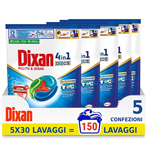 Dixan Discs Igiene, Detersivo Lavatrice in Capsule, Confezione da 5 x 30 lavaggi