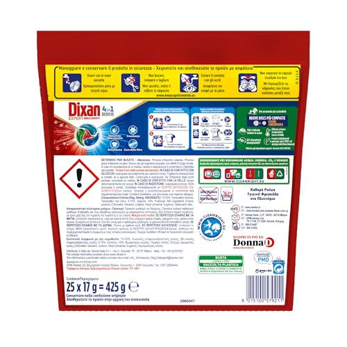 Dixan DISCS 4in1 Expert Smacchiante Detersivo Lavatrice (25 Lavaggi), Capsule lavatrice per una pulizia profonda del bucato e freschezza igienica per la lavatrice, Rimuove le macchie da 20°C.