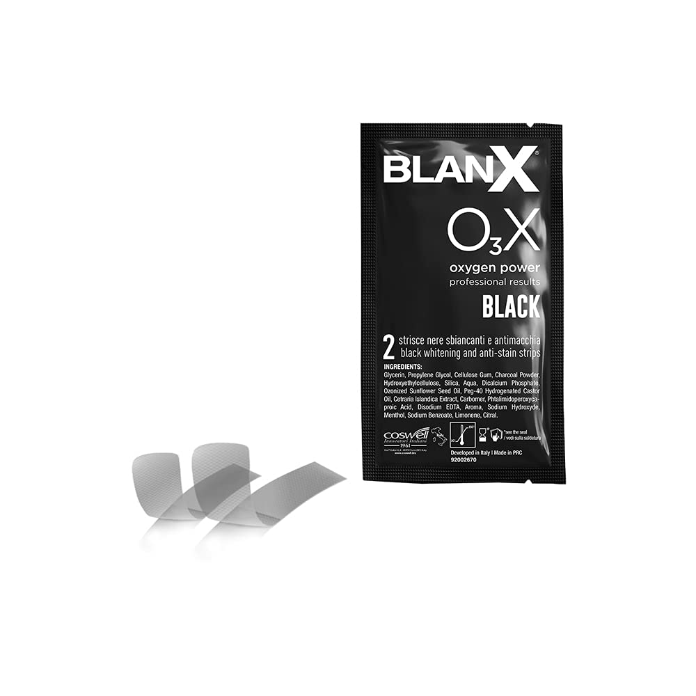 BlanX, 10 Strisce per lo Sbiancamento dei Denti e Antimacchia OX3 Black, con Carboni Attivi 100% Naturali, Denti Straordinariamente Bianchi, Luminosi e Senza Macchia