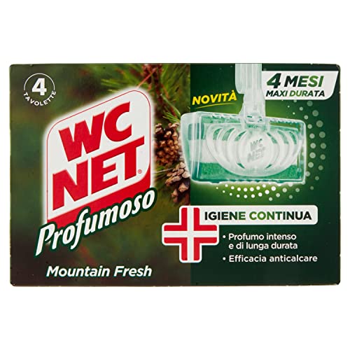 Wc Net - Tavoletta Profumoso Igiene Continua, Detergente Igienizzante Solido per WC, Azione Anticalcare e Profumo Intenso, Fragranza Mountain Fresh, 4 Pezzi