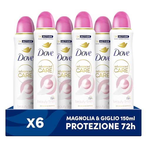Dove Deodorante Spray Advanced Care Beauty Finish, con Formula Idratante e Delicata sulla Pelle, Senza Alcol, Pelle Asciutta Fino a 72 Ore, Deodorante Uomo e Donna, 6 Pezzi da 150ml