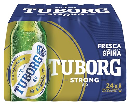 Tuborg, Cassa con 24 Bottiglie da 33cl, Birra Strong Lager, Gusto Deciso e Maltato, Gradazione Alcolica 8.0% Vol