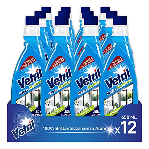 Vetril - Ricarica per Detergente Spray Vetri e Multiuso con Ammoniaca, Azione Sgrassante e Tecnologia Asciuga Rapido, in Ecoflacone, 650 ml x 12 Pezzi