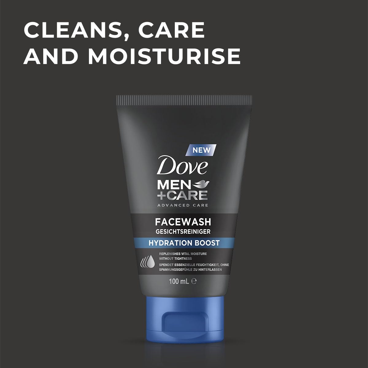 Dove Men+Care Facewash Hydration Boost – Cura della pelle per uomini – Detergente per il viso – idrata essenziale senza lasciare tensione, 1 x 100 ml
