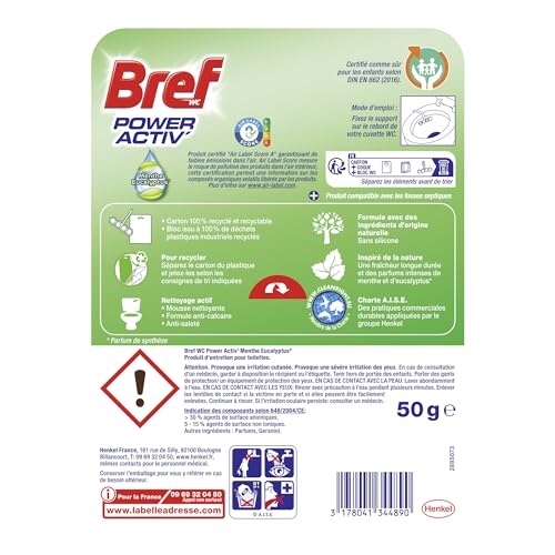 Bref WC Power Activ' Menthe Eucalipto - 1 blocco per WC (50 g) - Prodotto detergente per WC, anticalcare in schiuma detergente