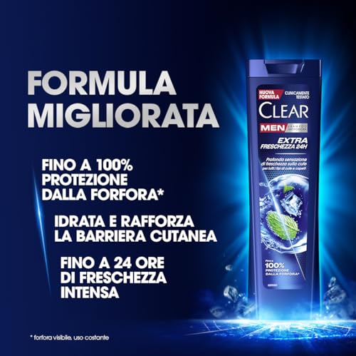 Clear Shampoo Extra Freschezza 24h, Shampoo Antiforfora con Niacinamide e Mentolo, Dona una Sensazione di Freschezza, Shampoo Uomo, Fino a 100% Protezione dalla Forfora*, Formato 225ml