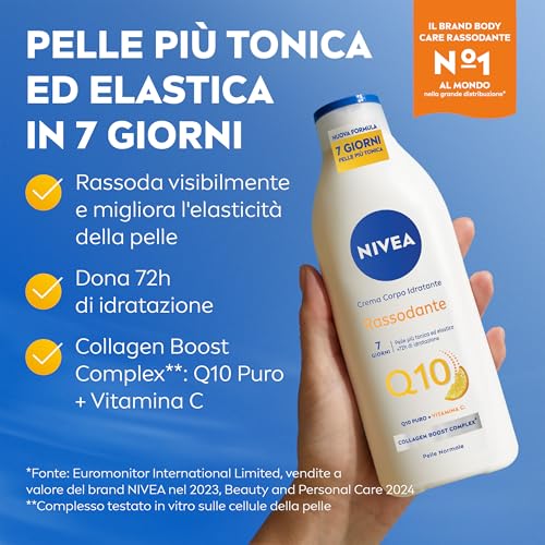 NIVEA Latte Corpo Rigidità Q10 48H (1 x 625ml) — Latte corpo idratante arricchito con Co-Enzima Q10 & Vitamina C — Crema idratante rassodante per il corpo per pelli normali