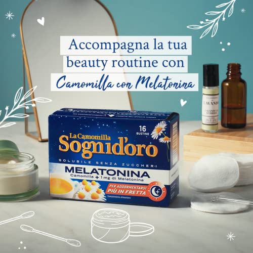 Camomilla Sogni d'oro solubile con melatonina, 16 Filtri, senza zuccheri e glutine, immediatamente solubile, facile da preparare, sonno rapido.