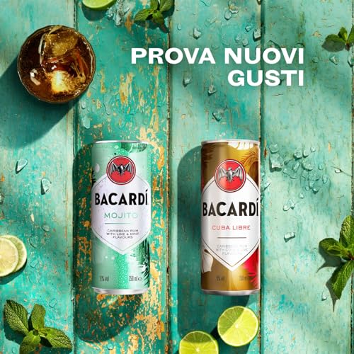 BACARDÍ Mojito, Vol. 5%, 12 x 25 cl / 250 ml, cocktail premixato pronto da bere in lattina, creato con Rum BACARDÍ Carta Blanca e miscelato con Lime e Menta