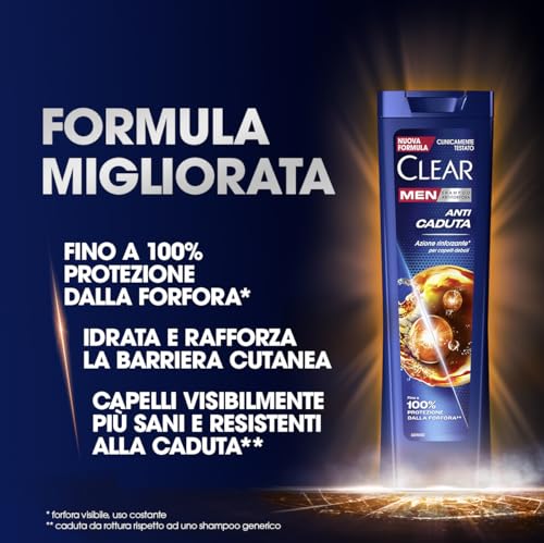 Clear Shampoo Anticaduta, Shampoo Antiforfora Uomo con Niacinamide ed Estratti di Ginseng, Shampoo Azione Rinforzante* per Capelli Fragili, Fino a 100% Protezione dalla Forfora*, Formato 225ml