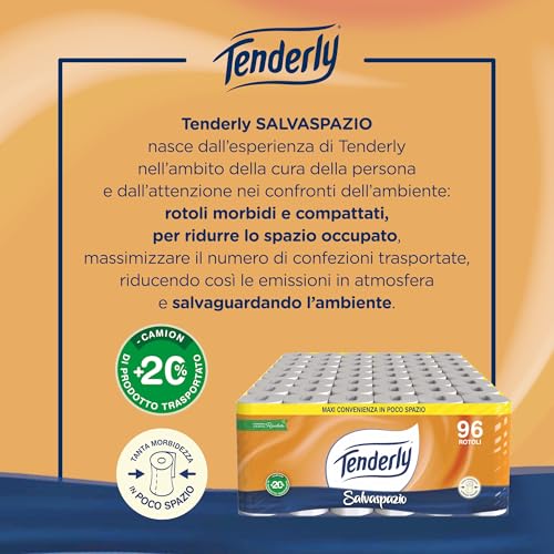 Tenderly Salvaspazio, Carta Igienica Morbida, Formato Pratico, Rotoli con Estratti Naturali di Malva e Calendula, Adatta alle Pelli più Sensibili, Made in Italy, Dermatologicamente Testato