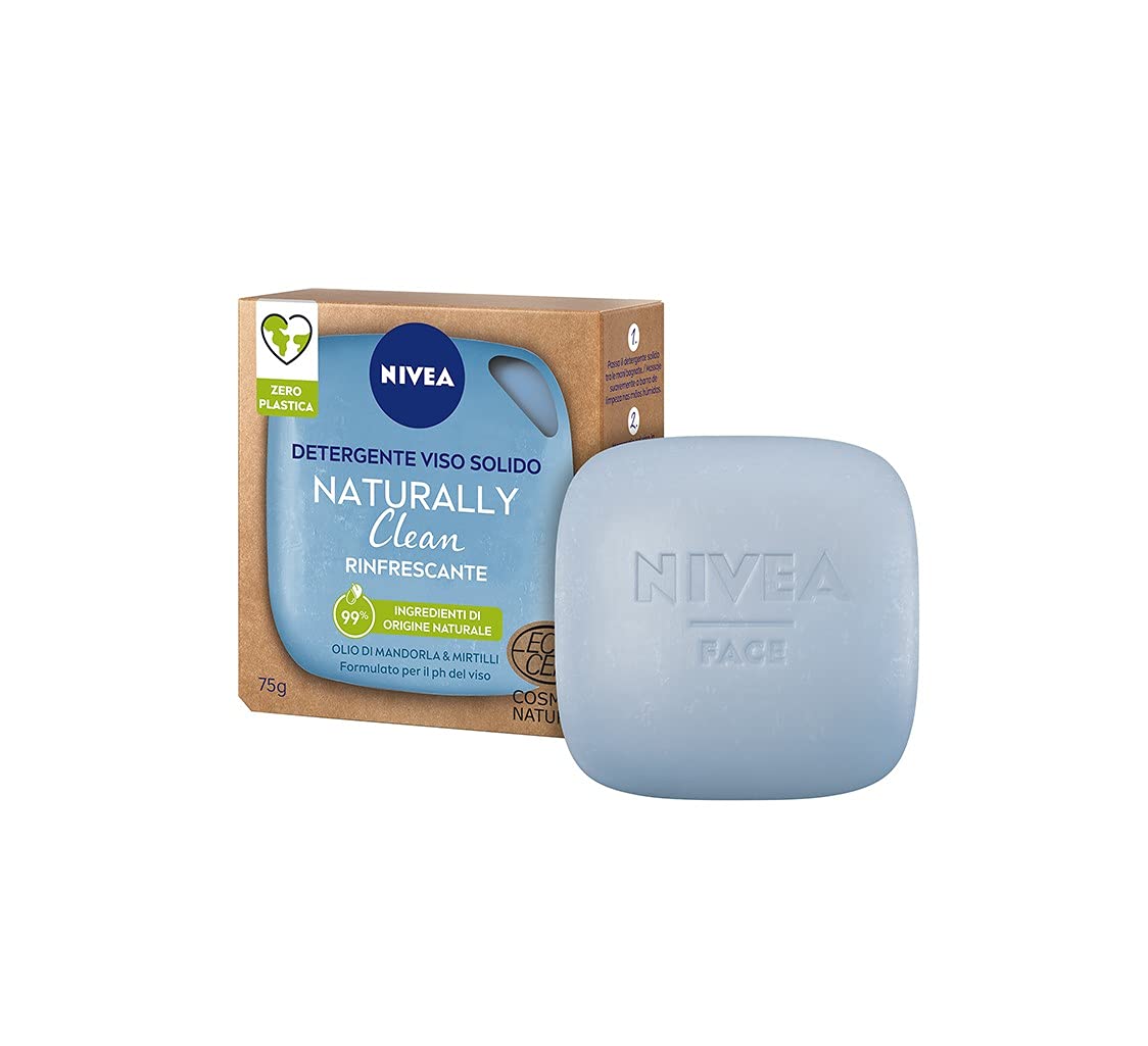 NIVEA NATURALLY CLEAN Detergente Viso Solido Rinfrescante 75 g, Detergente solido 99% naturale con Olio di Mandorla e Mirtilli, Detergente con formula vegana