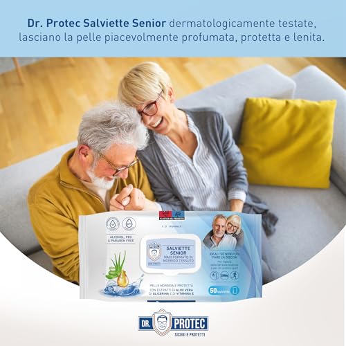 Dr Protec, Salviette Senior, maxi formato 20x27, 50 salviette con Estratto di Aloe Vera e Vitamina E
