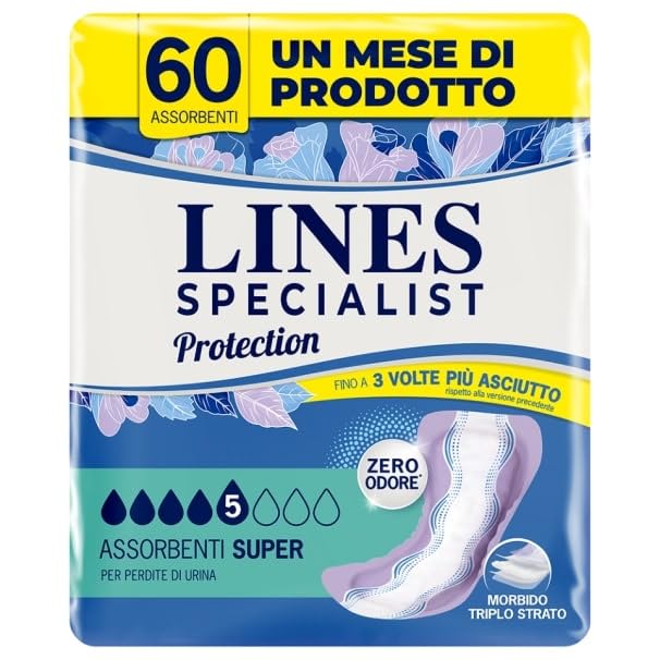 Lines Specialist Protection Super, Assorbenti per Incontinenza Donna, Tecnologia Zero Odore e Protezione Multistrato, Minimo Ingombro, Scorta Mensile, 4 Confezioni da 15 Unità