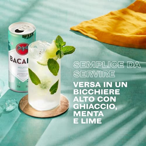 BACARDÍ Mojito, Vol. 5%, 12 x 25 cl / 250 ml, cocktail premixato pronto da bere in lattina, creato con Rum BACARDÍ Carta Blanca e miscelato con Lime e Menta