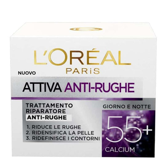 L'ORÉAL Attiva Antirughe 55+ Crema Viso Donna Antirughe Riparatrice Giorno con Calcium, 50 ml