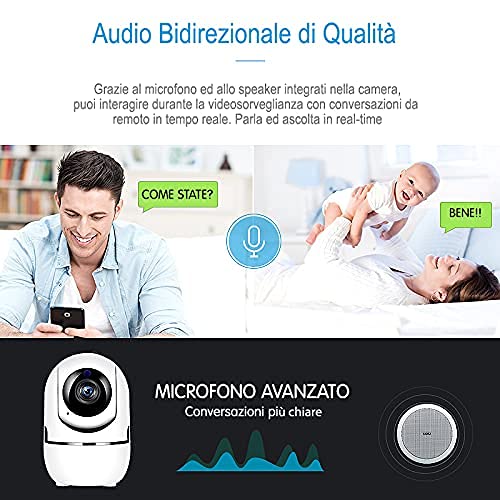Telecamera Motorizzata Wi-Fi, Mini videocamera sicurezza interno registratore 360 gradi, 1080P, ipcamera Infrarossi, Sensore di Movimento lunga distanza, Audio a due vie, Controllo neonato tramite app