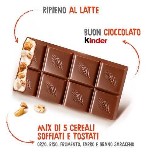 Kinder Cereali, 9 Tavolette di Cioccolato Puro Cacao, Snack Dolce Ripieno al Latte e 5 Cereali Soffiati e Tostati, 211.5 gr
