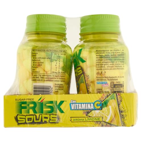 Frisk Sour Lemon, Caramelle Dure, Gusto Limone, senza Zucchero, Confezione da 6 Barattoli con 70 Microcompresse, adatto Fuori Casa o a Lavoro, da Portare Sempre con Te