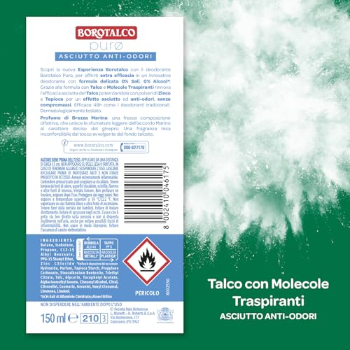 Borotalco, Deodorante Spray Puro Brezza Marina, con Talco con Molecole Traspiranti, Senza Alcool e Sali di Alluminio, Asciutto Anti-Odori, 48h di Efficacia, Profumo Marino - 1 Flacone da 150 ml