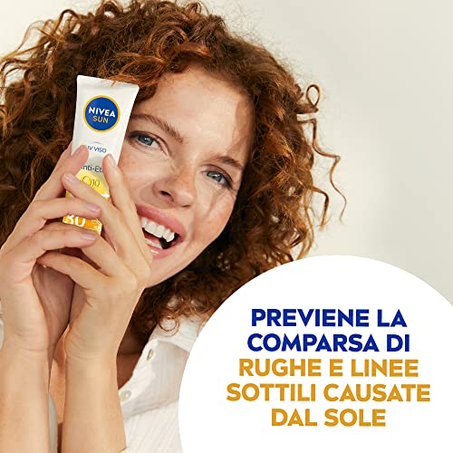 NIVEA SUN UV Viso Anti-Età FP 30 in tubetto da 50 ml, Crema viso antirughe con Coenzima Q10, Crema solare viso 30 per uso giornaliero ad azione anti-età ed antimacchia