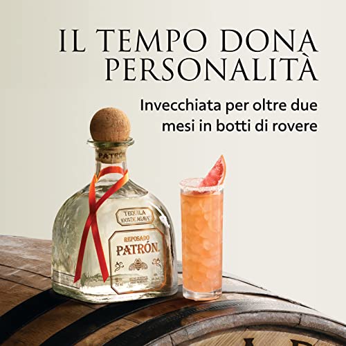 PATRÓN Reposado Premium Tequila, Vol. 40%, 70 cl / 700 ml, creata in Messico in piccoli lotti a partire dal 100% della migliore agave Weber Blue, invecchiata per oltre 2 mesi in botti di rovere