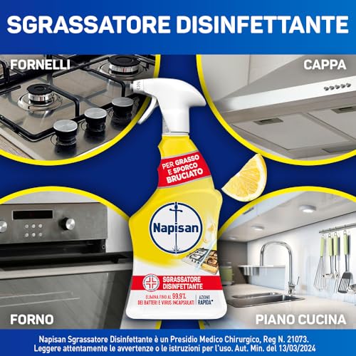 Napisan Spray Sgrassatore Disinfettante al Limone, Confezione da 12 pz da 740 ml di Sgrassatore Disinfettante, Spray da 740 ml