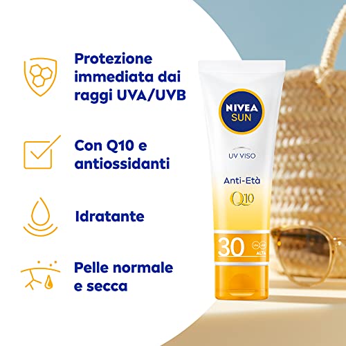 NIVEA SUN UV Viso Anti-Età FP 30 in tubetto da 50 ml, Crema viso antirughe con Coenzima Q10, Crema solare viso 30 per uso giornaliero ad azione anti-età ed antimacchia