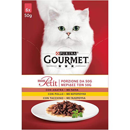 GOURMET Mon Petit Intense Cibo Umido per Gatti Adulti Filettini in salsa con Anatra, Pollo e Tacchino 6 Buste da 50g