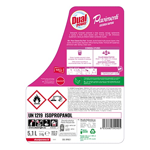 Dual Power Detergente Universale HACCP per Pavimenti - Formula Alcolica, Igienizza e Asciuga Rapido - Formato Professionale da 5,1 Litri