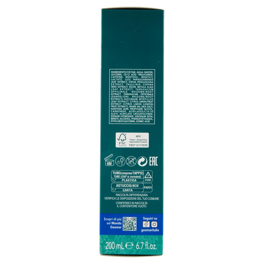GEOMAR | GEL Drenante Effetto Freddo, contro gli Inestetismi della Cellulite, Regala Gambe Leggere, Ingredienti 95% di Origine Naturale, Made in Italy, 200 ml