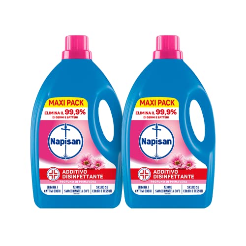 Napisan Additivo Disinfettante Lavatrice alla fragranza Profumo di Primavera, 2 Confezioni da 2.2 Litri di Additivo Liquido per Lavatrice, Contro i Batteri e i Cattivi Odori