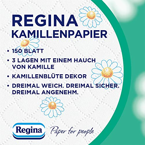 Regina Carta igienica a 3 strati, 48 rotoli (3 x 16 confezioni singole), 150 fogli per rotolo, delicato e affidabile, con un tocco di camomilla, carta certificata FSC®