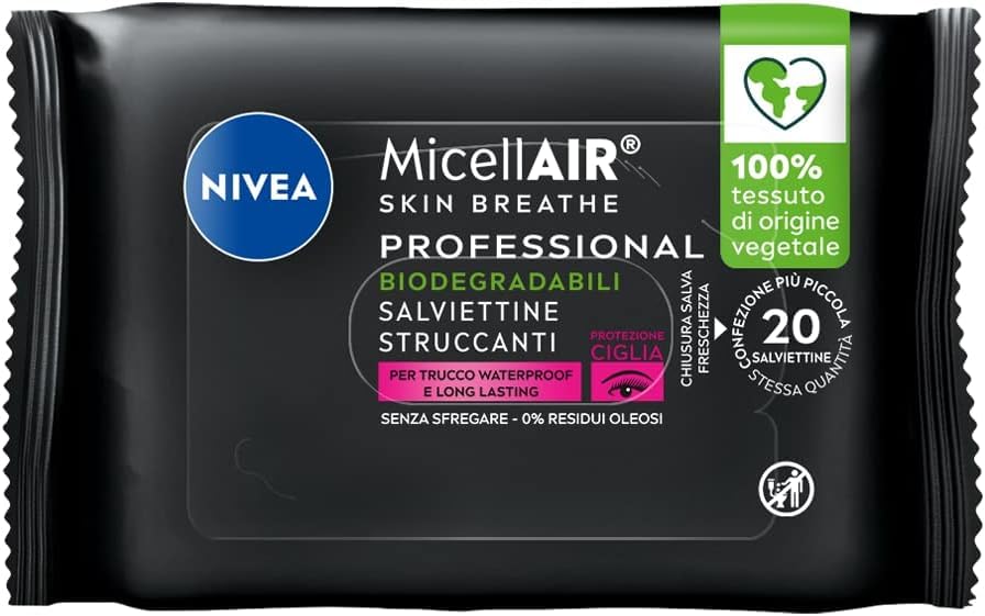 NIVEA MicellAir Professional Salviettine Struccanti in Confezione da 6 x 20 Pezzi, Salviette Struccanti per Trucco Waterproof, Salviettine Viso con Ingredienti Vegetali