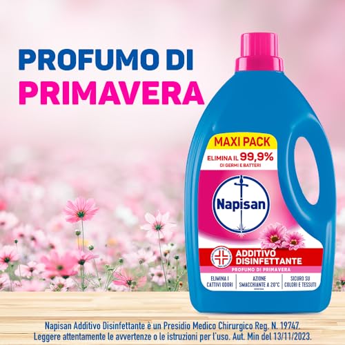 Napisan Additivo Disinfettante Lavatrice alla fragranza Profumo di Primavera, 2 Confezioni da 2.2 Litri di Additivo Liquido per Lavatrice, Contro i Batteri e i Cattivi Odori
