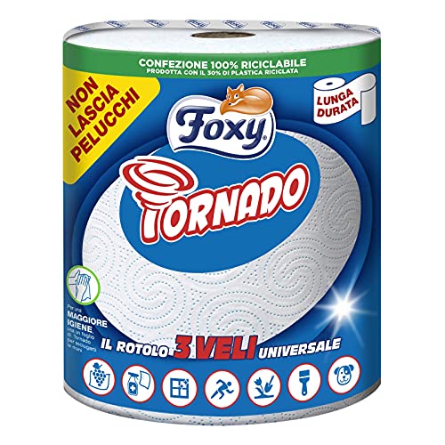 Foxy Tornado | Asciugatutto | 1 rotolo | 250 strappi | Rotolo 3 veli universale | Carta 100% certificata FSC® | Confezione 100% riciclabile