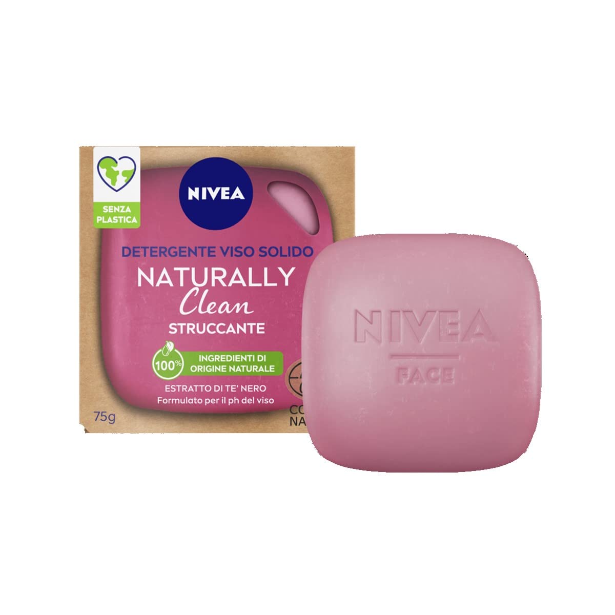 NIVEA NATURALLY CLEAN Struccante Viso 75 g, Struccante solido al 100% naturale con Estratto di Tè Nero, Struccante viso solido detergente e purificante con formula vegana