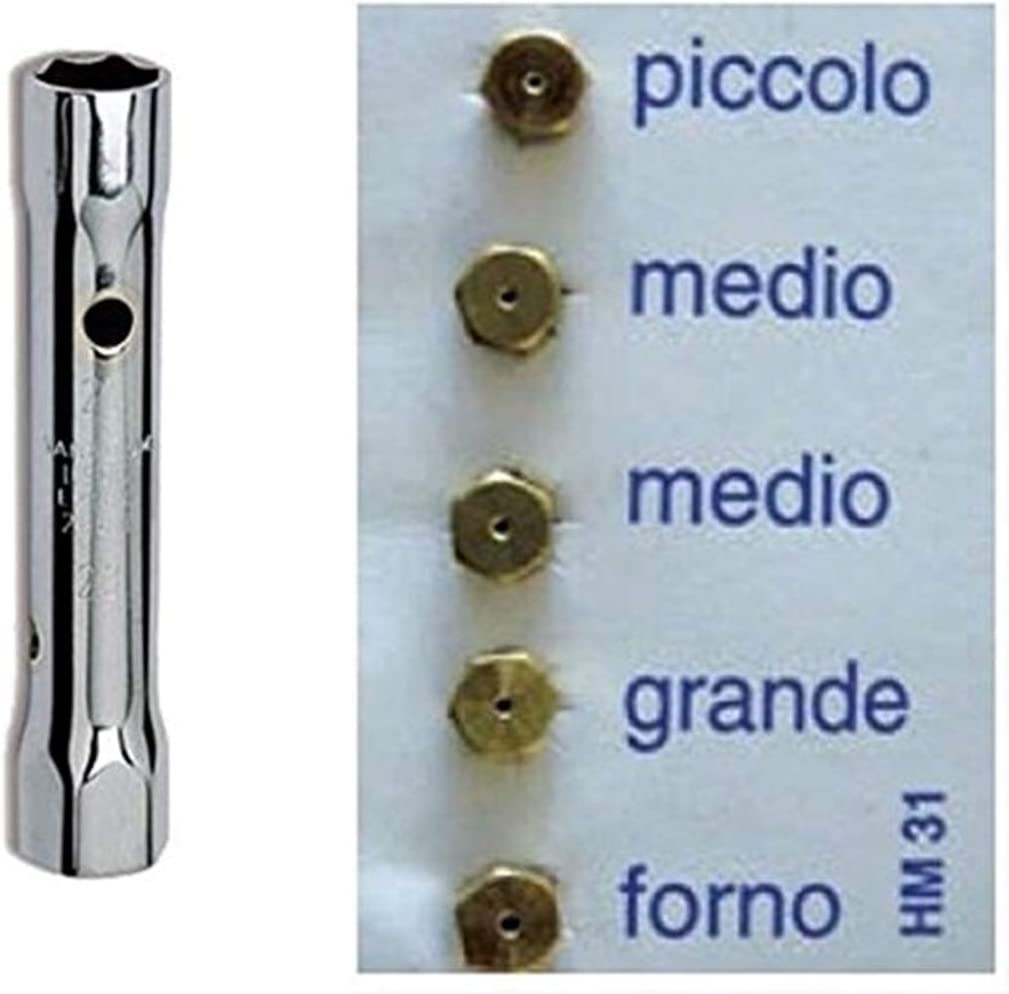 CG94 Kit Chiave a Tubo Doppia da 6mm e 7mm Passo 6 MB più Set da 5 Ugelli per Piani Cottura e Forni a Gas Metano di Varie Misure - Universali