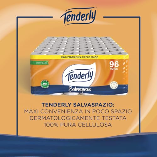 Tenderly Salvaspazio, Carta Igienica Morbida, Formato Pratico, Rotoli con Estratti Naturali di Malva e Calendula, Adatta alle Pelli più Sensibili, Made in Italy, Dermatologicamente Testato